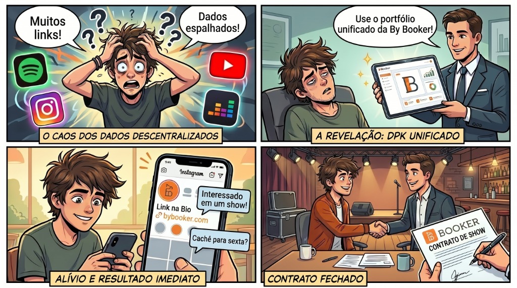 Quadrinhos ilustrando a jornada do artista: do caos dos dados descentralizados ao contrato fechado com o By Booker